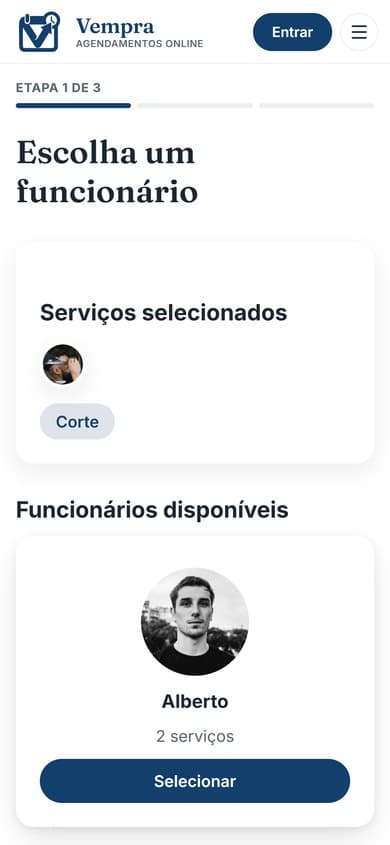 Um cliente completando o fluxo de agendamento na Vempra: escolhendo um horário, confirmando o agendamento e pagando a taxa de confirmação