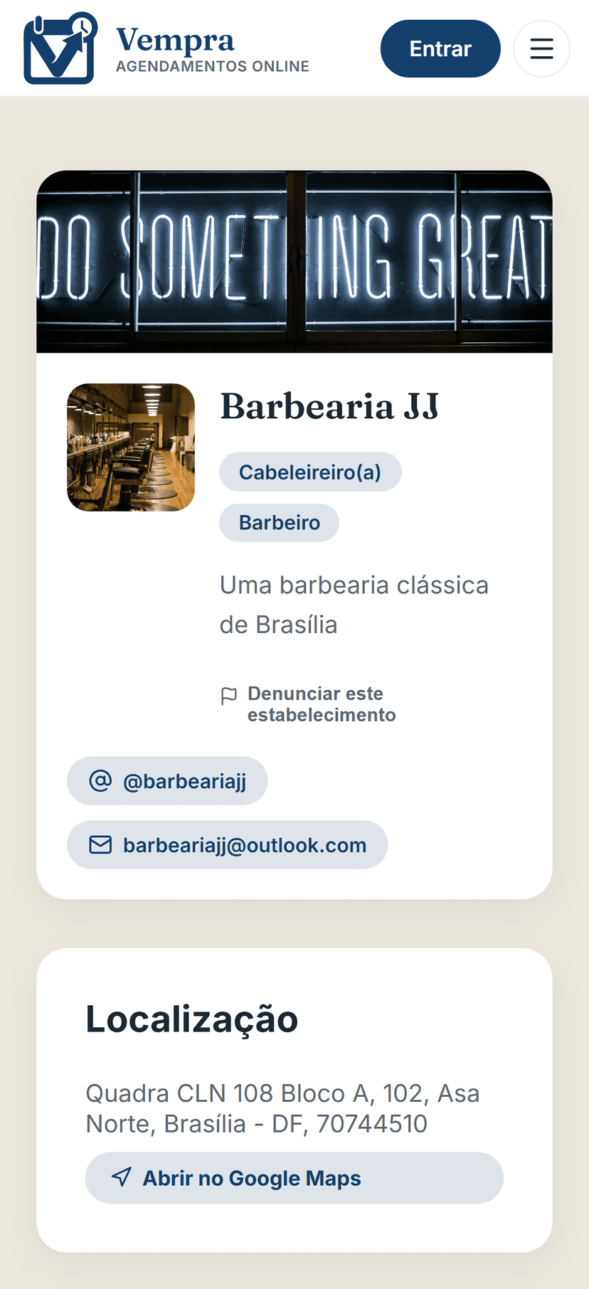 Página pública de agendamento da Barbearia JJ na Vempra